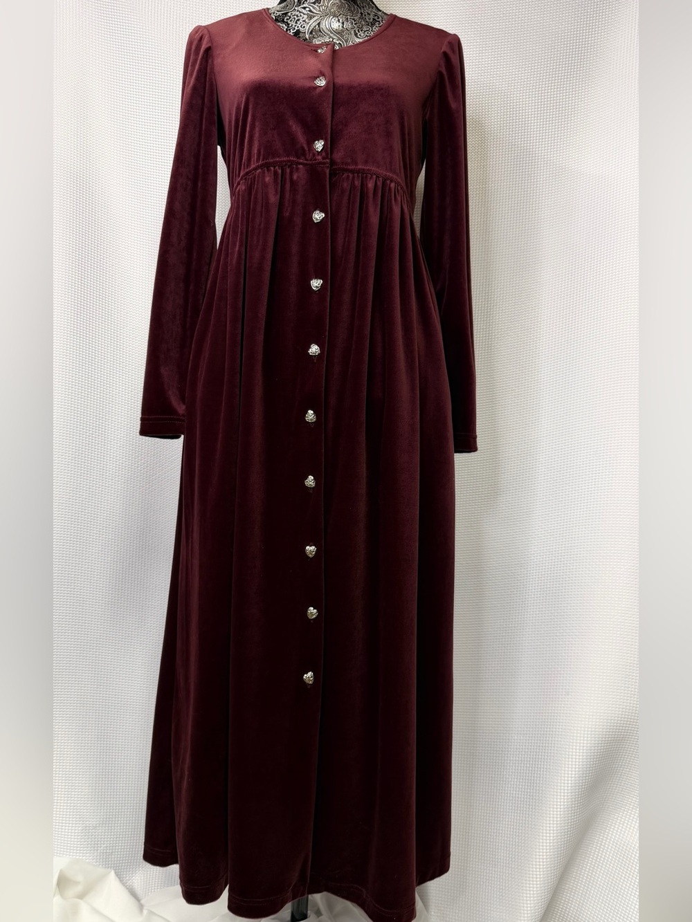 Vintage DJ Summers Burgundy Velvet Empire Waist Heart Button Down Maxi Dress